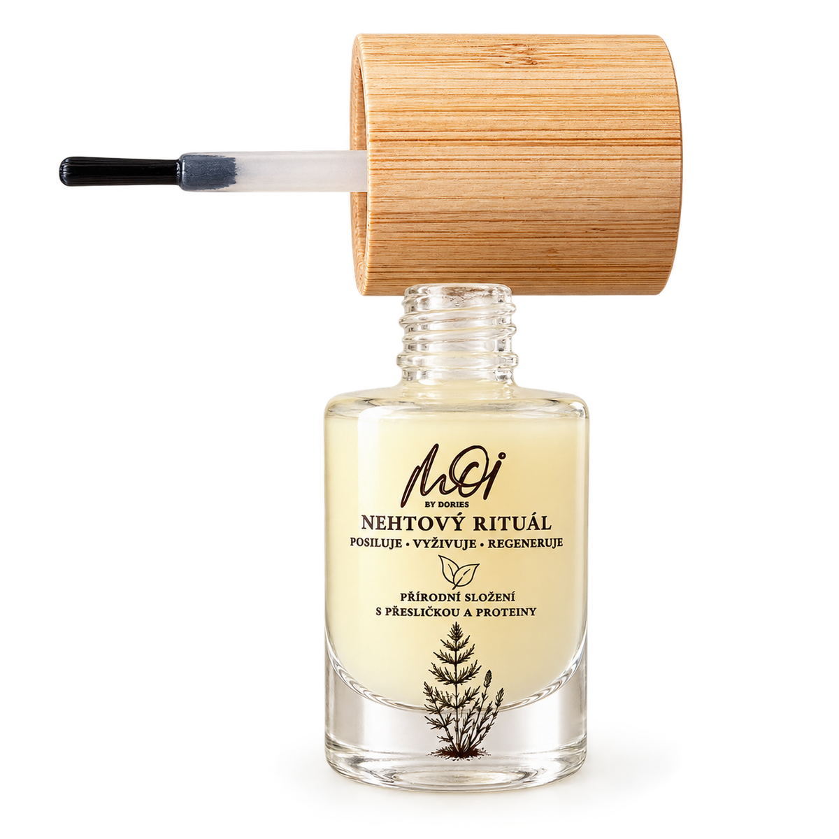 A clear glass bottle of MOI by Dories Nehtovy rituál serum with a light beige liquid, topped with a bamboo cap and shown with its applicator brush on a white background.