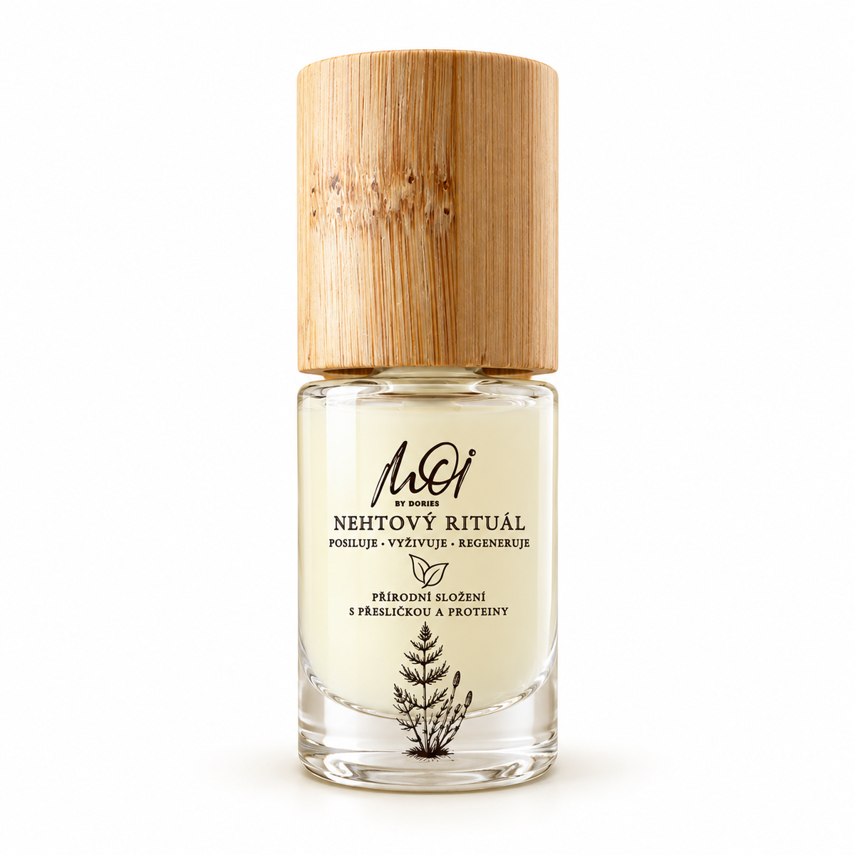 A clear glass bottle with a light natural bamboo cap, containing a pale cream-colored ritual oil. The bottle features printed text and a botanical illustration, with the brand name MOI visible on the front label.