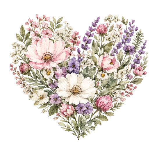 A heart-shaped floral arrangement featuring watercolor-style flowers in pink, white, and purple with green leaves on a plain white background.